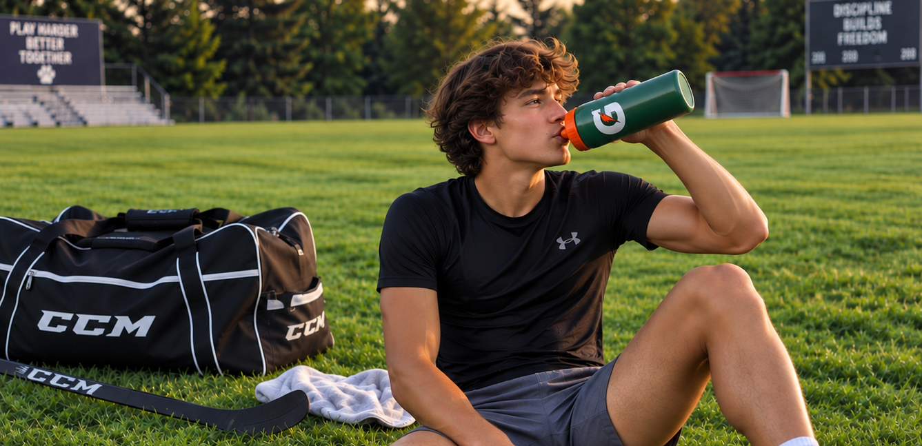 ChatGPT Image Sep 22 2026 08_59_36 AM - Grit Kore Teen hockey player drinking from a water bottle on the field after practice