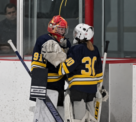 Two youth hockey goalies in full gear sharing a moment on the ice between periods