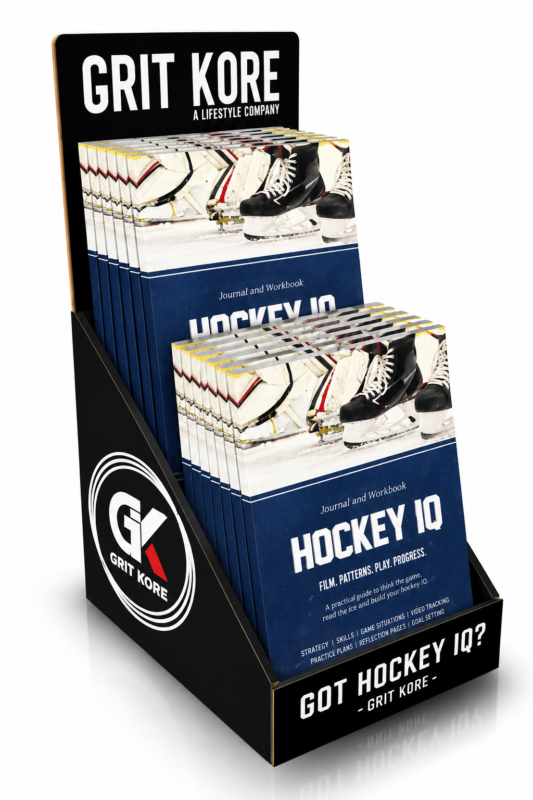 Grit Kore display stand filled with Hockey IQ Journal and Workbook copies