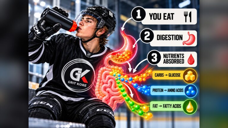 Hockey player drinking water with a diagram of how food is digested into carbs, protein and fat