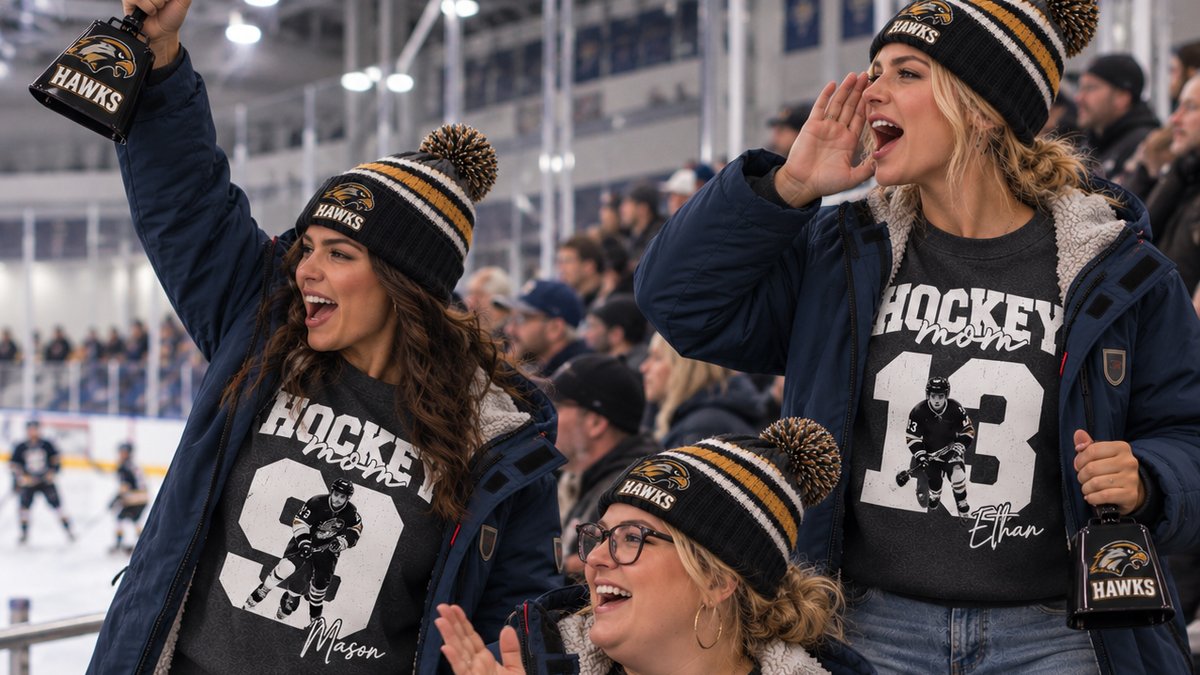 Three hockey moms cheering in the rink stands wearing custom Hockey Mom team shirts with their sons’ numbers